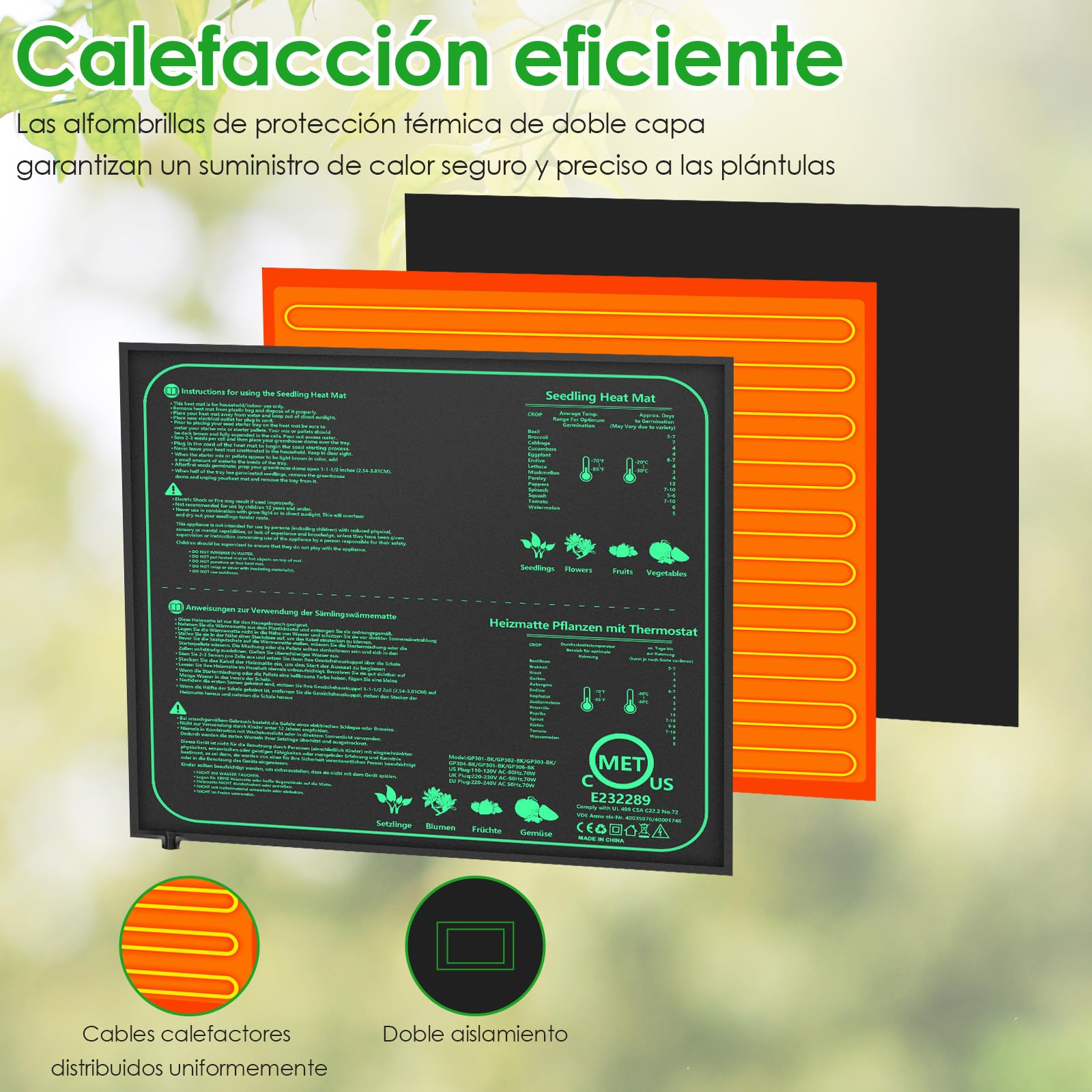Alfombra Calefactora 70W con Termostato, 52×50cm Estera Térmica IPX4 Impermeable con Cable de Silicona y Algodón Punzonado, Temperatura Ajustable 20-45 °C para Semillas, Plantas y Reptiles