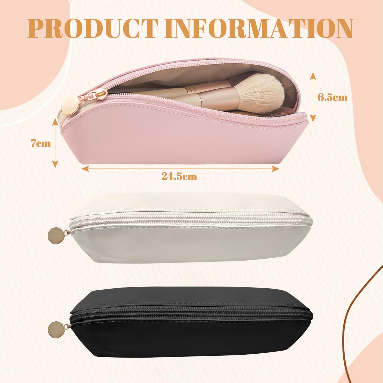 VLYX 3 PCS Makeup Brush Travel Bag Large PU Leather, Waterproof Cosmetic Organizer Zipper Pouch - Image 2