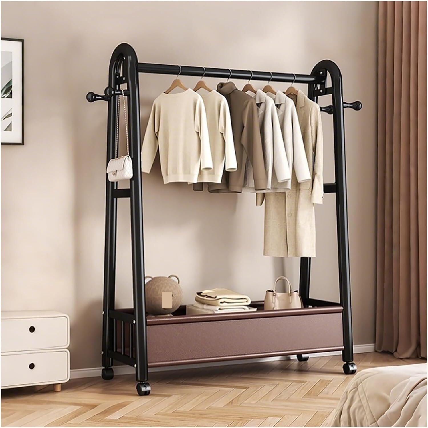 Lshtshf-ou Metal Freestanding Clothes Rack With Wheels Garment With Storage Shelf Portable Clothing Wardrobe Racks(Black,80cm/31.5in)
