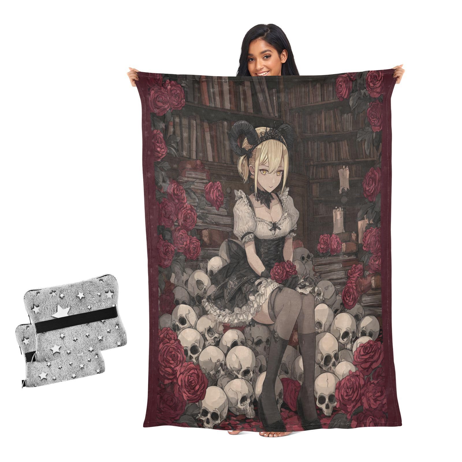 Couverture pour lit haut de gamme imprimé tête de mort et roses chic