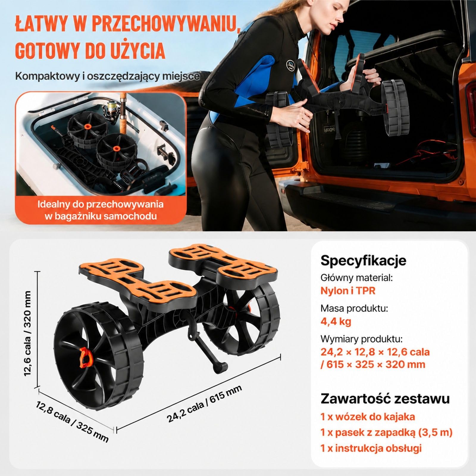 Składany wózek do kajaka z ramą nylon TPR, kołami z pełnej gumy i paskiem zapadkowym do kajaków, kanadyjek i desek paddleboard