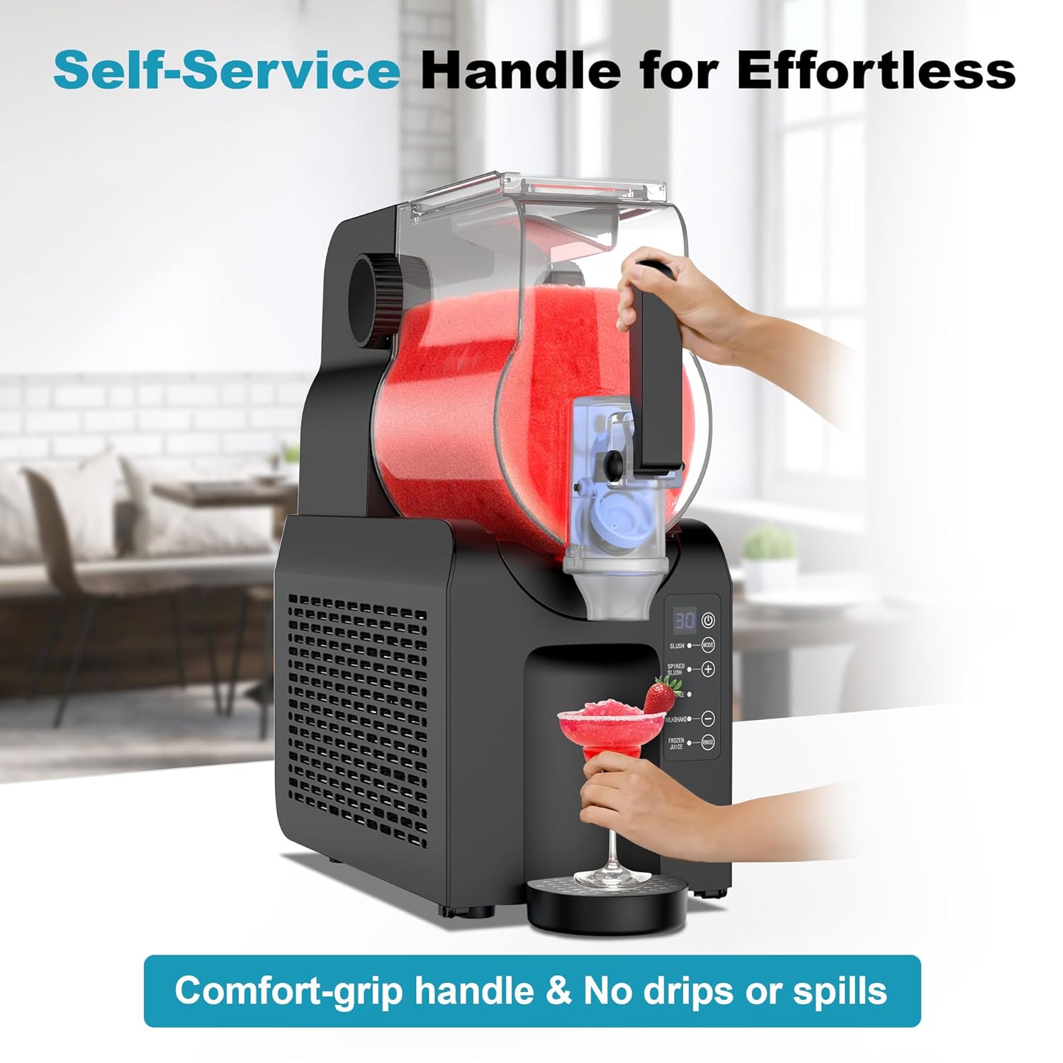 Hand pulling the self-service handle of the Velieta Slushy Maker Machine