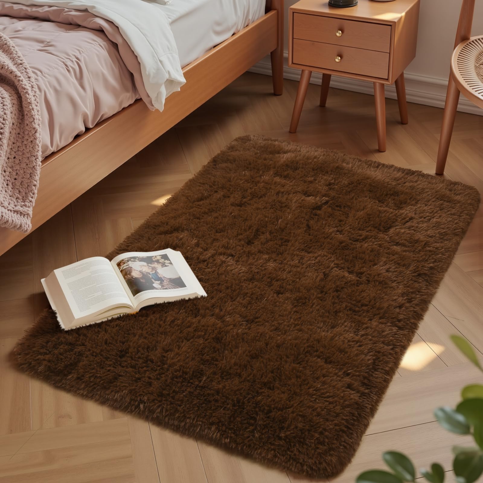 Macgace Small Throw Rugs for Bedroom, 2x3 Brown Mini Non-Slip Area Rug, Super Soft Plush Fluffy Carpet Modern Home Decor Aesthetic for Entryway