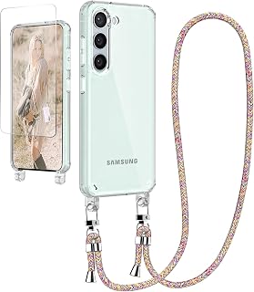 Cell Phone Chain Case for Samsung Galaxy S23 FE Mobile Phone Case with Ribbon Protective Film, Transparent String Cover for Hanging Cord Necklace Case for Samsung S23 FE, Rainbow