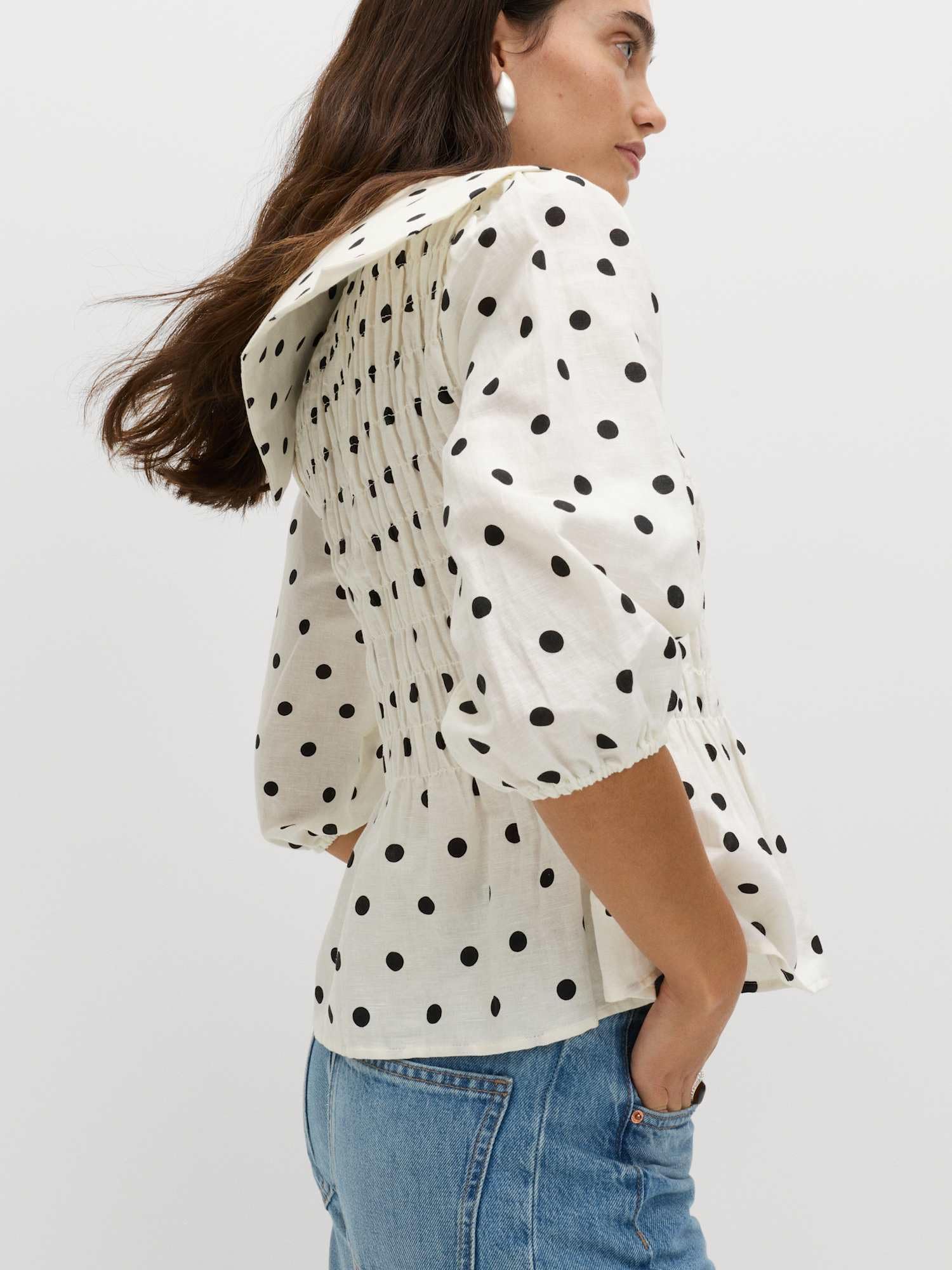 Marks & Spencer Donna Ricco di Lino a Pois Arricciato Camicetta – Aderente – Orlo Peplum – Maniche Corte