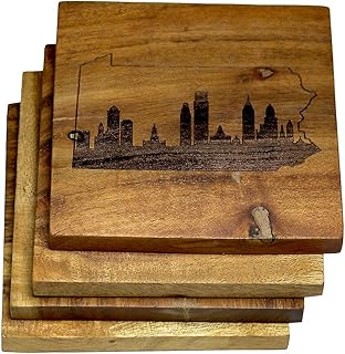 Philadelphia Coasters, Philadelphia Skyline Drink Coasters – Philadelphia Gifts & Souvenirs, Engraved Acacia Wood Coasters, Philadelphia Skyline in Pennsylvania – Philadelphia Themed Gifts (Set of 4)