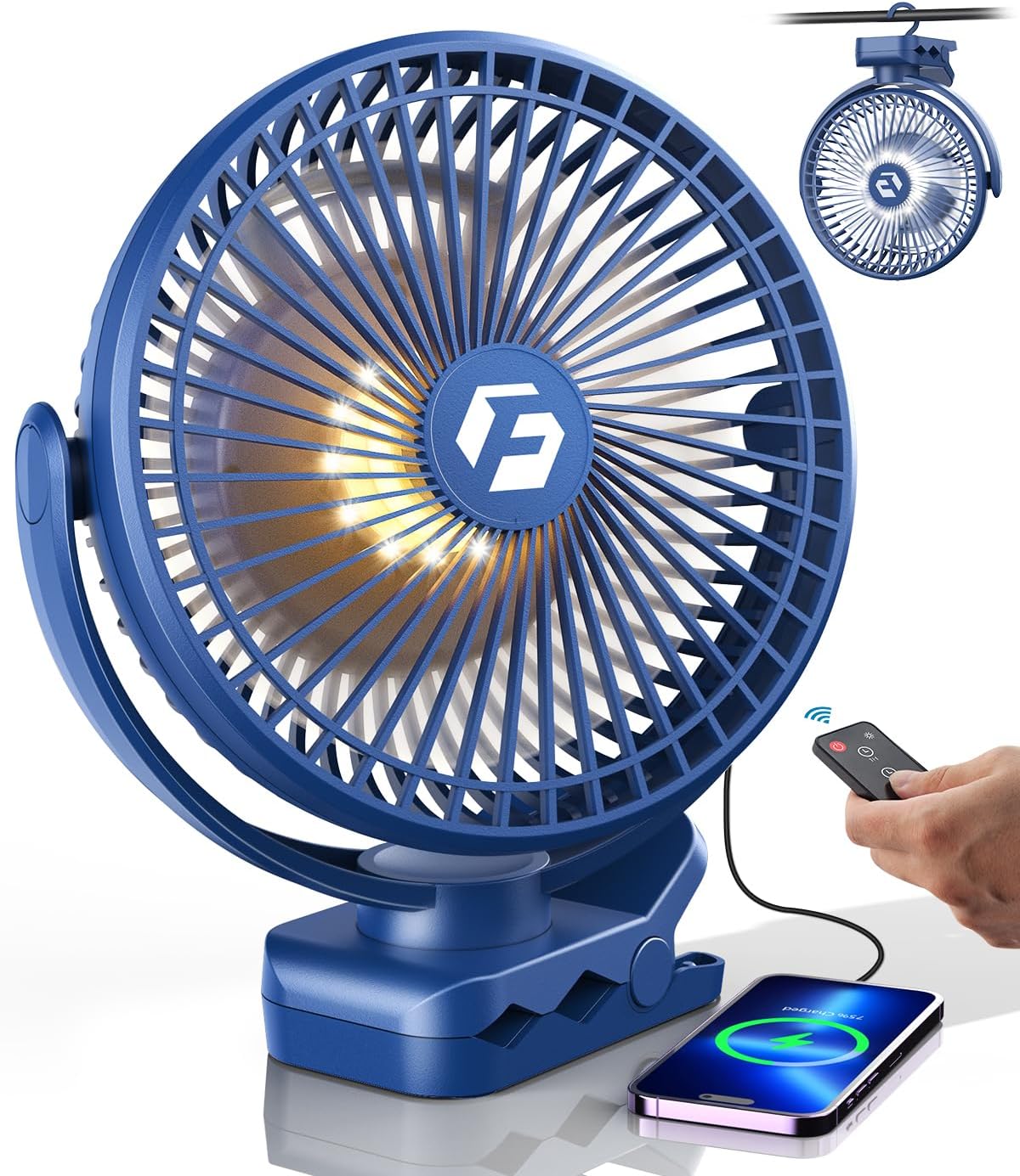 8-inch Clip-on Fan - 12000mAh Portable Rechargeable Battery, 3 Speeds, Strong Airflow, USB, Small Desk, Personal Quiet for Office, Stroller, Bedroom and Camping