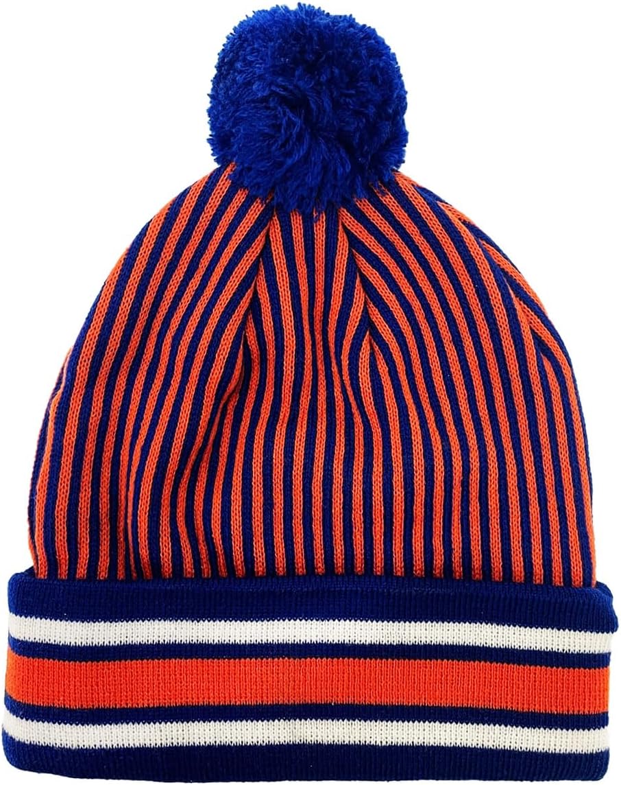Outerstuff New York Islanders Youth Size Pinstripes Team Logo Cuffed with Pom Beanie Knit Hat, Blue/Orange - Image 2