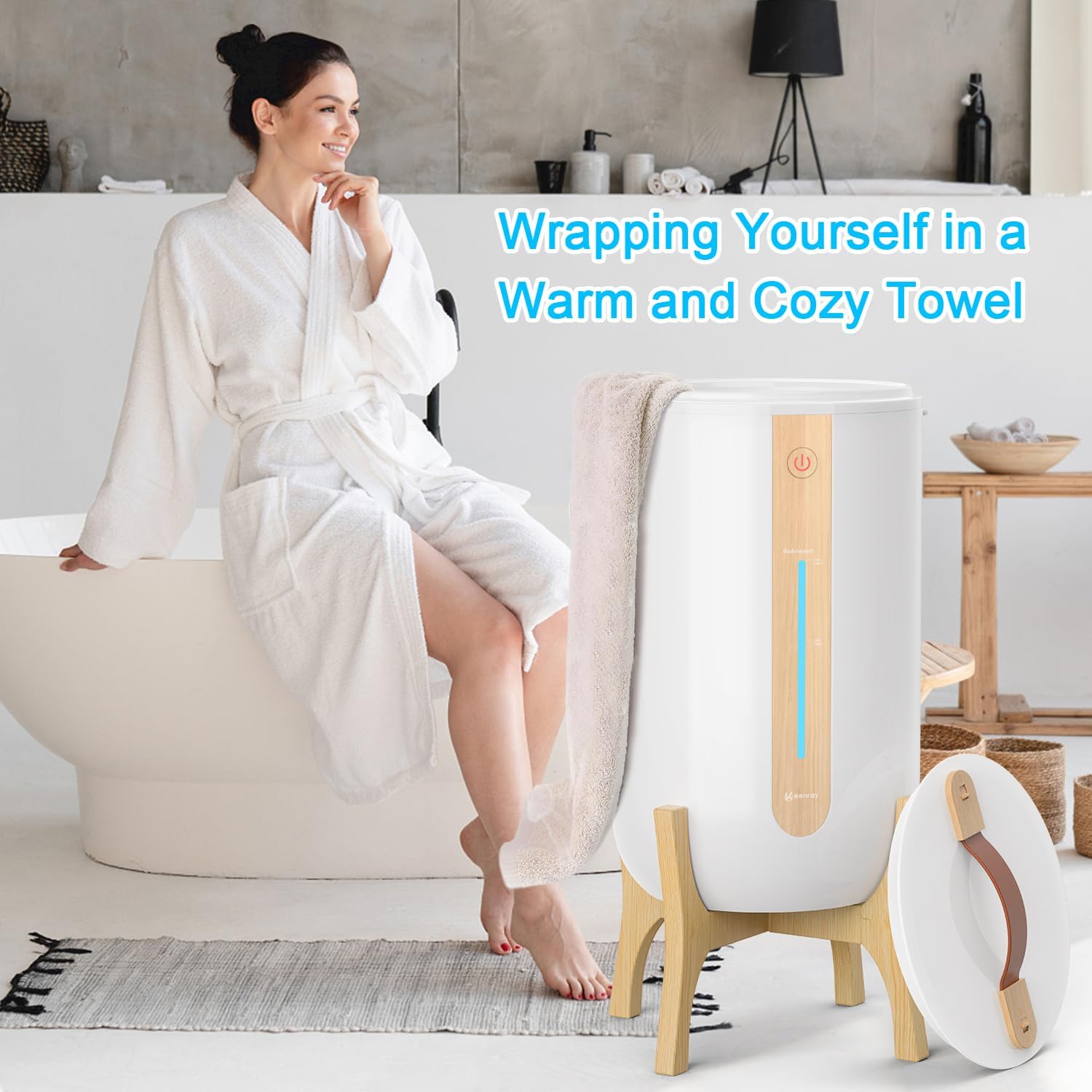Keenray Towel Warmer for Bathroom, Towel Warmer Bucket with Heating Progress Bar, Fragrance Disc Holder, Leather Handle, Auto Shut-Off Towel Bucket Fits Up to Two 40" x 70" Towels, Blankets White