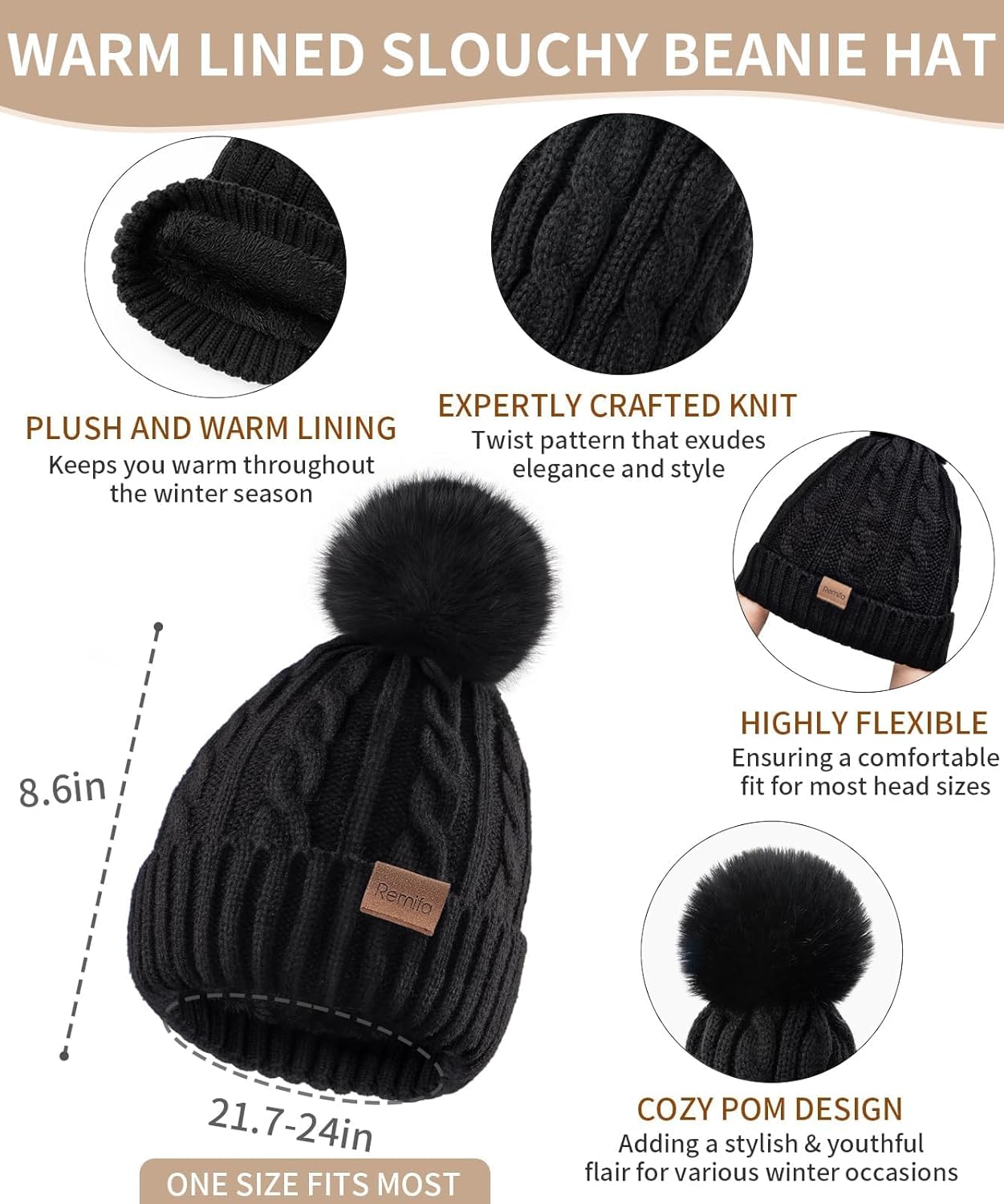 Remifa Winter Hat Scarf Gloves Set for Women, 3 PCS Pom Pom Beanie Hat Touchscreen Glove Long Neck Kint Scarf Christmas Gifts - Image 2