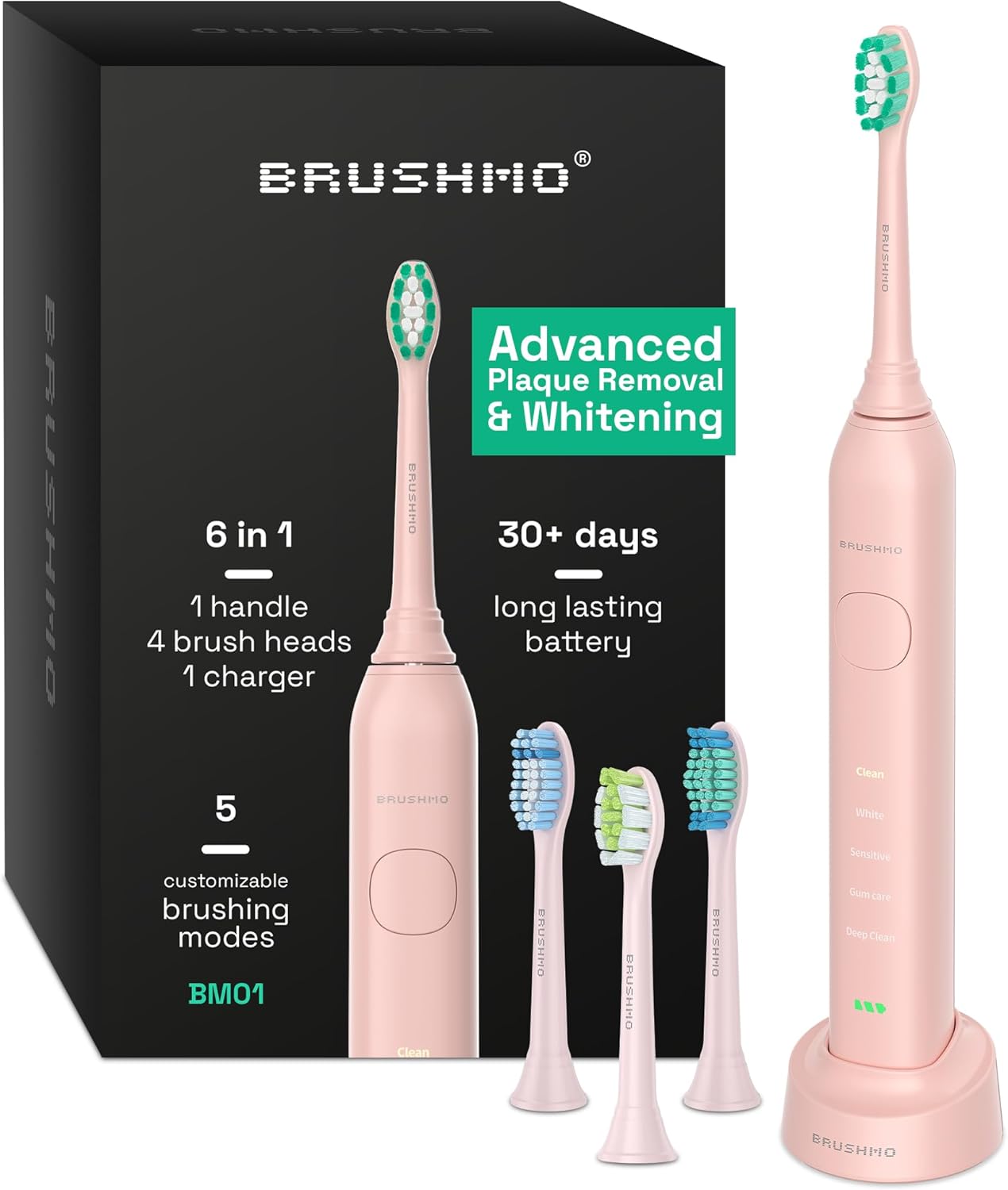 Brushmo Super Sonic Electric Toothbrush with 4 Replacement Heads