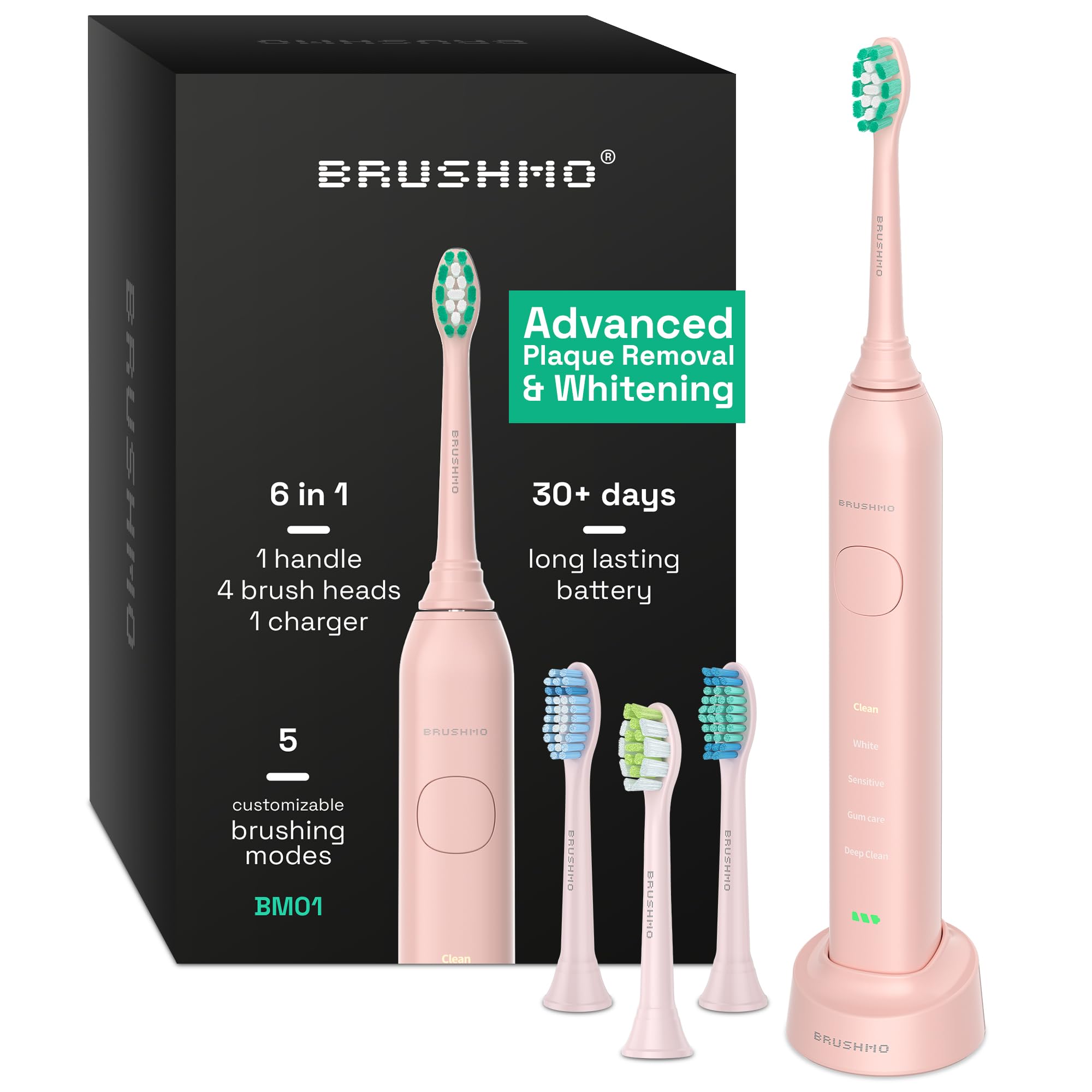 Super Sonic Electric Toothbrush with 4 Replacement Heads - Rechargeable Electronic Tooth Brush for Adults with 5 Customizable Modes - IPX7 Waterproof & Long-Lasting Battery – Nova Pink