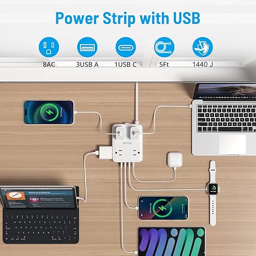 Miniatura 2 de TROND Regleta protectora de sobretensiones con USB, enchufe plano ultrafino, cable de extensión de 5 pies de 1625 W, 3 USB A y 1 USB C, 8 salidas AC