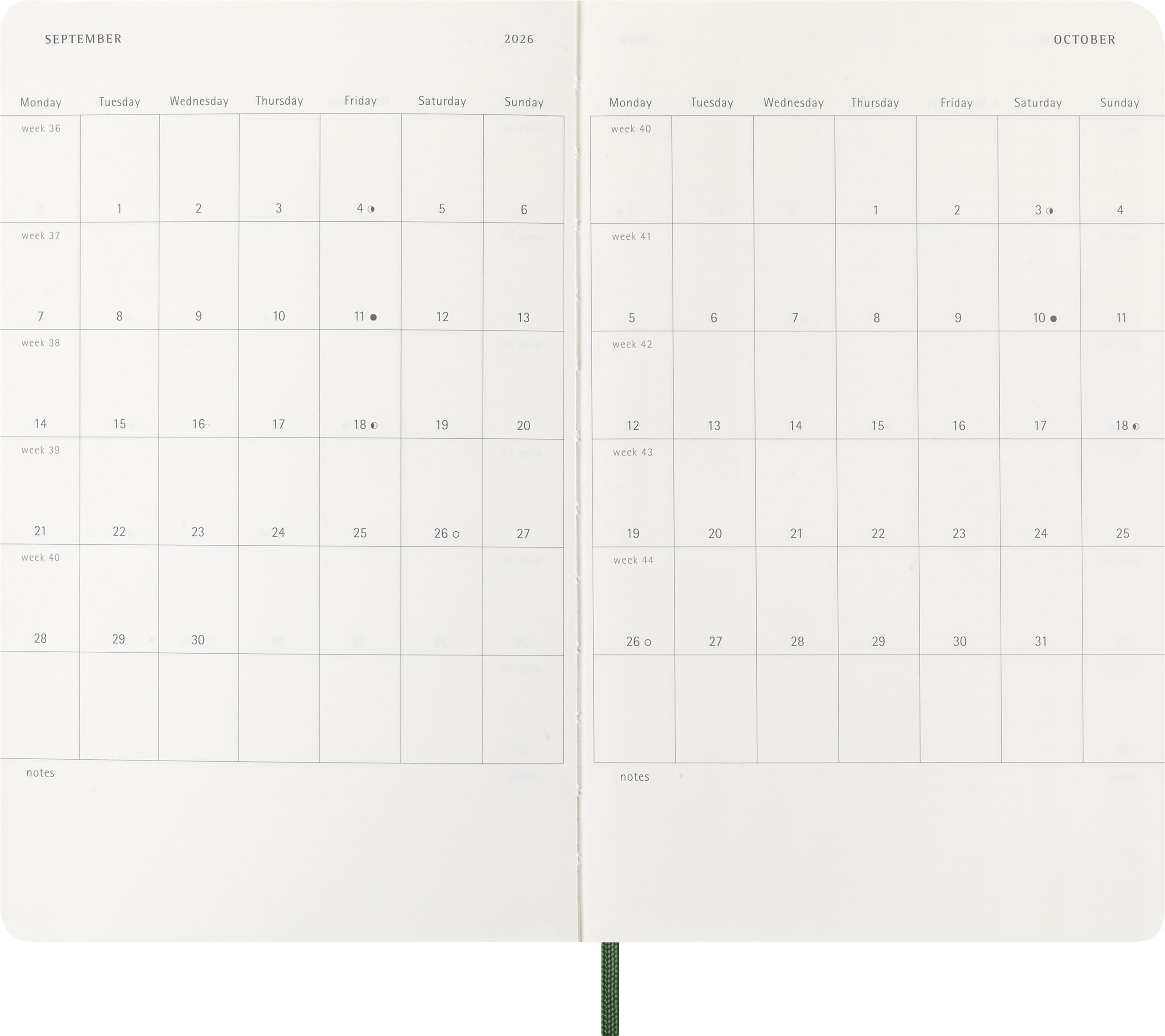 Moleskine 12 Monate Wochen Notizkalender 2026, Large/A5, 1 Wo = 1 Seite, rechts linierte Seite, Weicher Einband, Myrtengrün