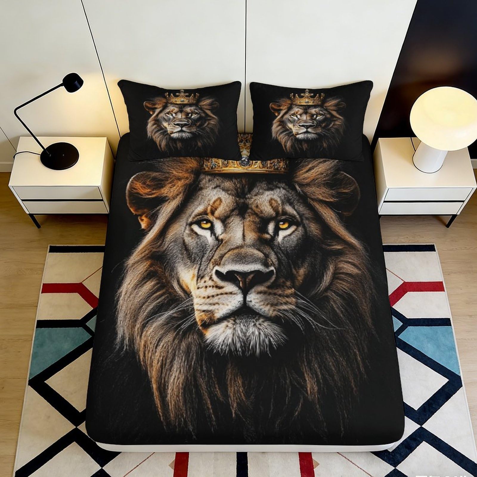 3D Printed Majestic Lion Fitted Sheet Microfiber Soft Non-Slip African Wildlife Bed Cover for Bedroom Decor 90x200x25cm