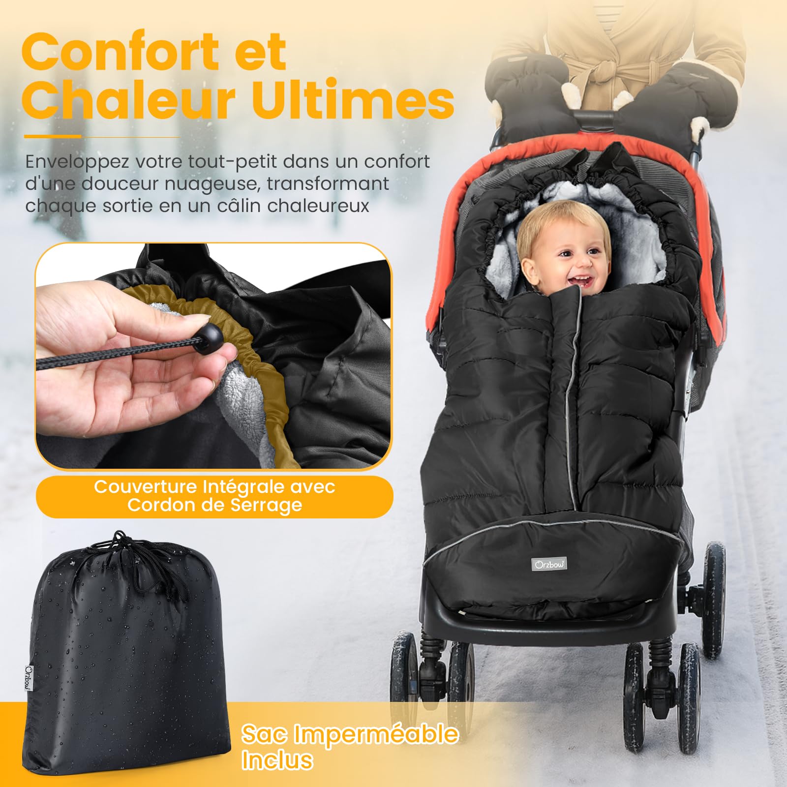 Orzbow Chanceliere Bebe Poussette, Imperméable Chanceliere Universelle pour Poussette, Polaire Coral, Bandes Réfléchissantes, Fermeture Éclair et Antidérapante (Noir)
