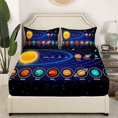 Vista 92 de Feelyou Juego de sábanas espaciales para niños, juego de ropa de cama de galaxia para niños y niñas, sábanas de planeta del universo, 1 sábana