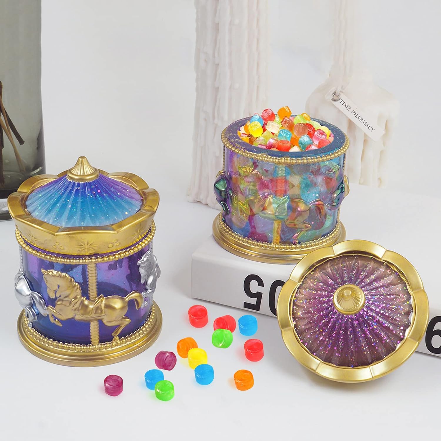 Storage Box Resin Molds, Carousel Jar Silicone Moulds with Lid, Jar Epoxy Mold for DIY Trinket Box, Organizer Bottle, Candy Container, Flower Pots, Candle Holder, Home Decor Gifts