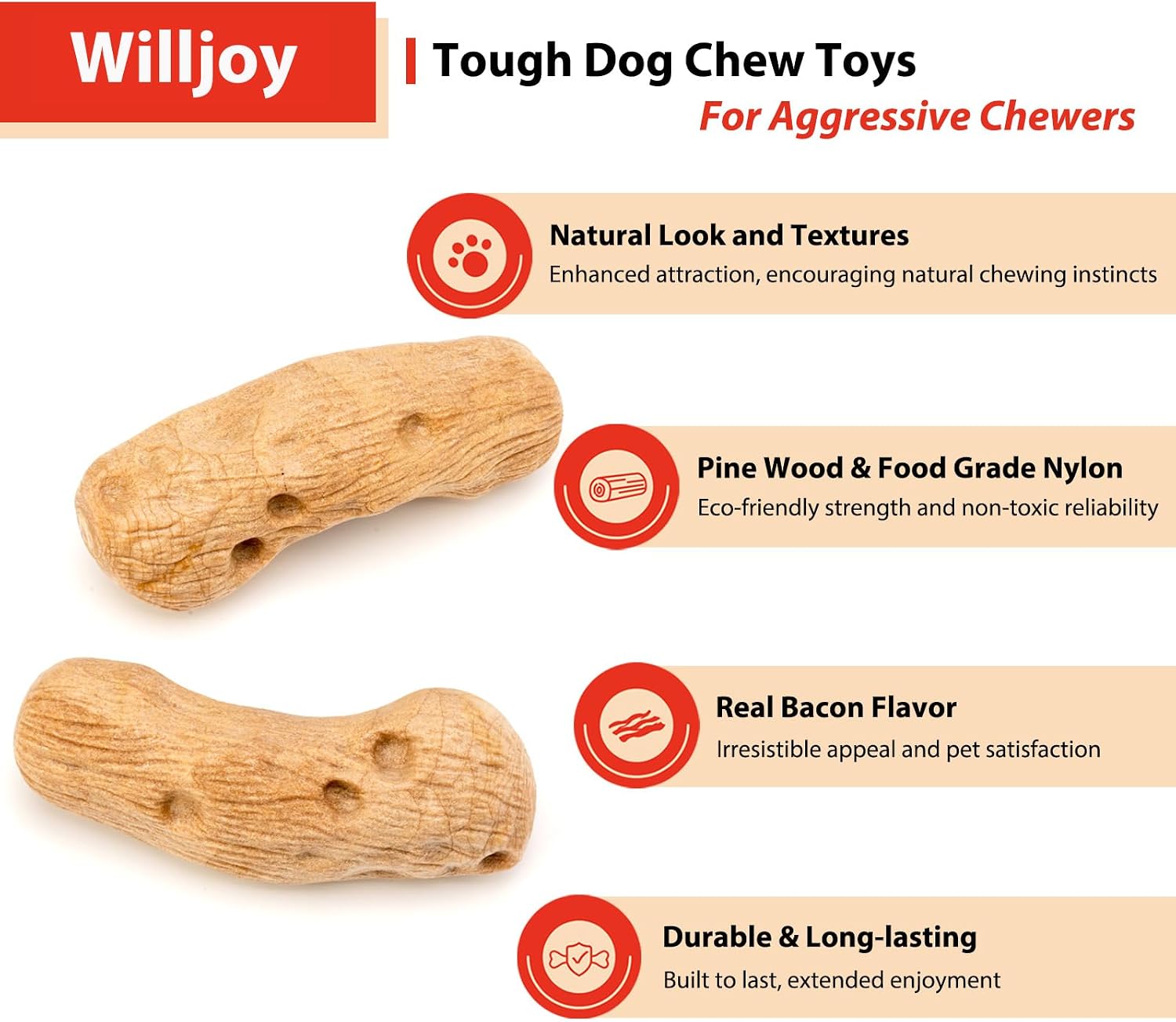 Willjoy Dog Chew Toys for Aggressive Chewers Large Breed Pine Wood and Nylon Dog Toys for Large Dogs Real Bacon Indestructible Dog Toys to Keep Them Busy