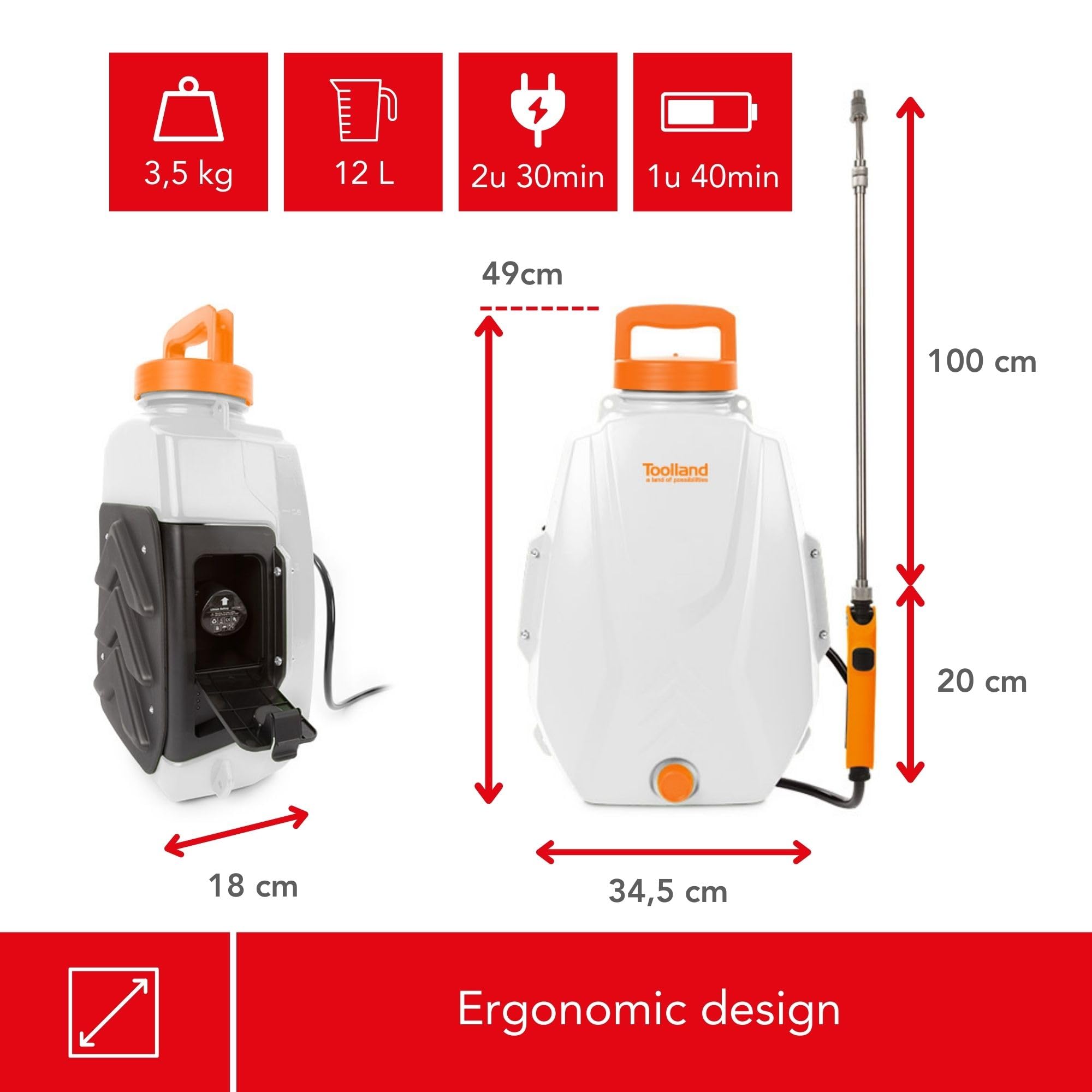 Toolland Pulverizador de presión/rociador Posterior, batería eléctrica, Recargable, Lanza telescópica, Boquilla Ajustable, Correa Acolchada, 12 litros, Blanco/Naranja/negror