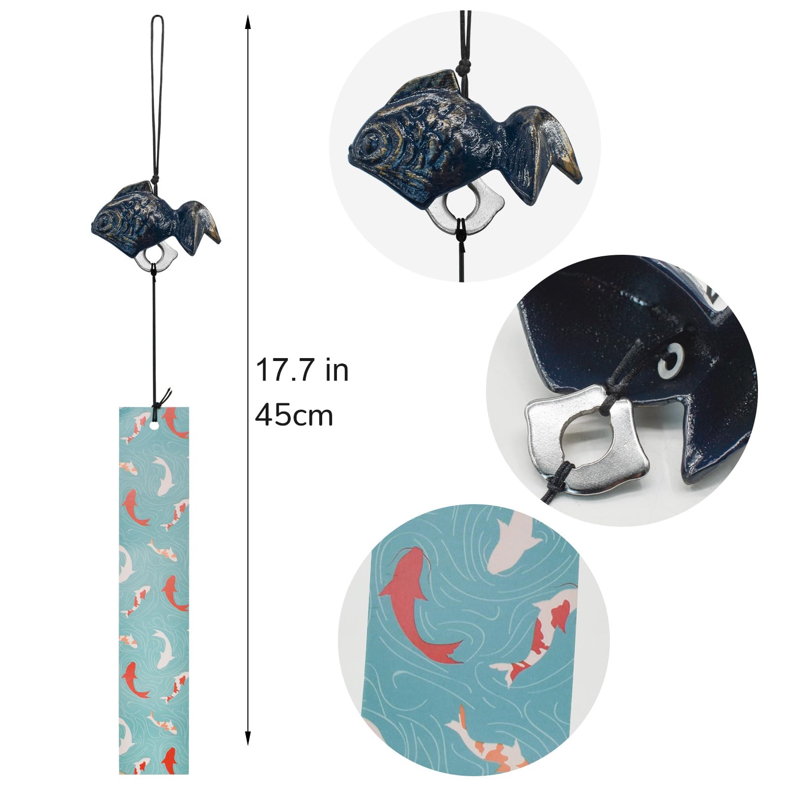 MrMrKura ウィンドチャイム 鋳鉄製 風鈴 金魚 クジラ 鉄風鈴 短冊付き 南部鉄器 レトロ 玄関 釣鐘 和風 インテリア 幸運 窓辺飾り 店舗用 プレゼント 夏の風物詩 (青色 金魚)