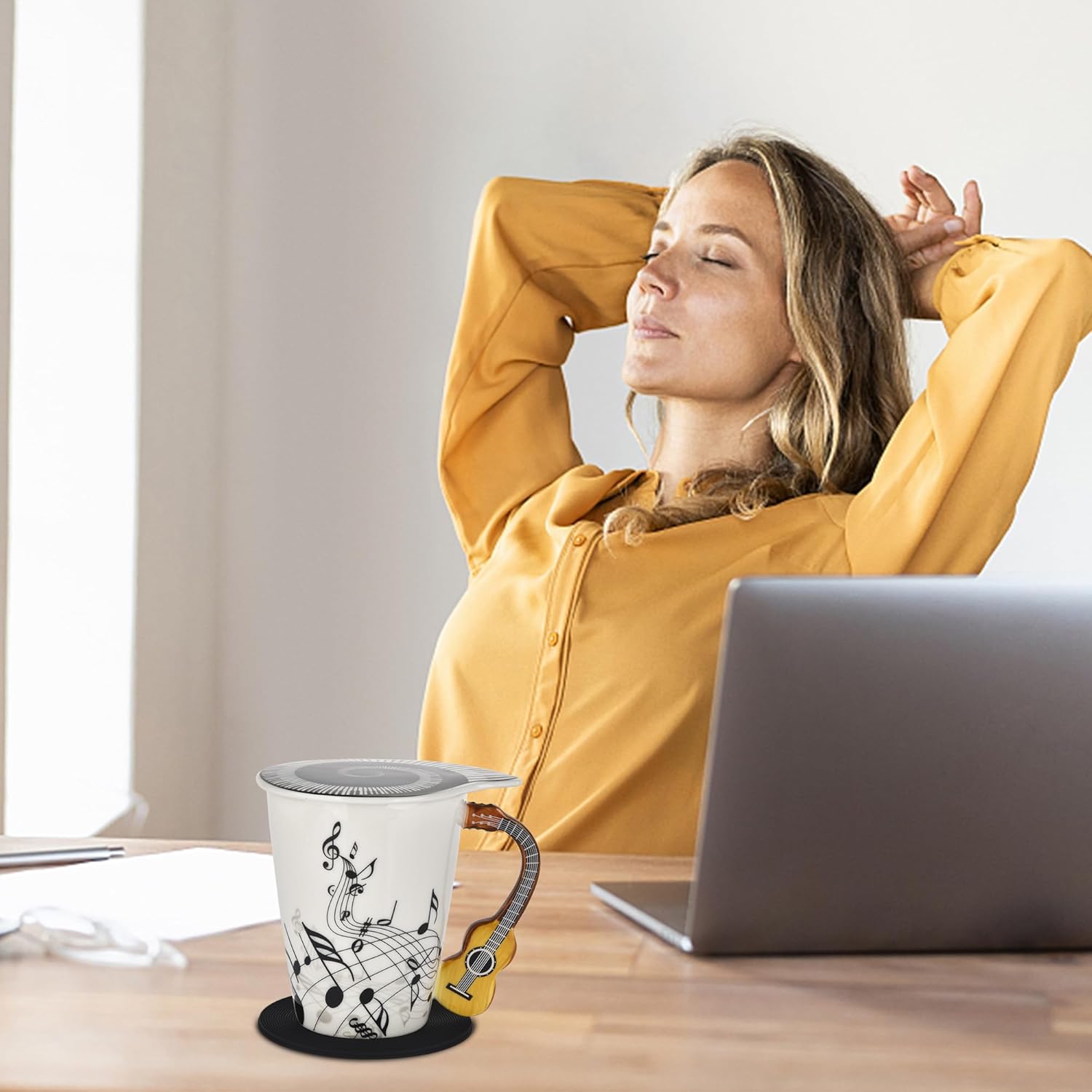 12.9 oz Guitar Novelty Mug Musical Notes Design Guitar Coffee Cup with Music Cool Themed Lid and Spoon & Coaster,Gifts for Guitar Players Musician,Music Lovers Gift for Women,Men, - Image 4