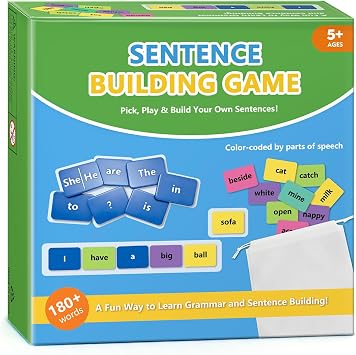 Sentence Building Game for Kids Ages 5-8 120+ Color-Coded Word Tiles, 20 Sentence Builder Tiles | Educational Learning Toys, Reading & Grammar Activity | Gifts for Boys and Girls