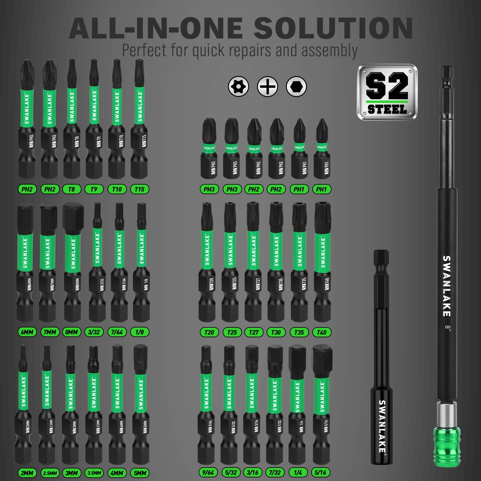 Set di 74 cacciaviti magnetici per trapano a percussione metrico e SAE, adattatore per bussole a percussione, punte elettriche con supporto magnetico, cacciavite ad aletta, presa universale
