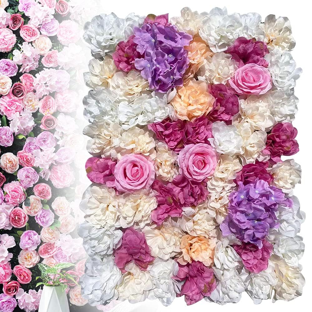 Rosenwand Künstliche Blumenwand 3D Blumen Kunstblumen Gefälschte Pflanzenwand 12 Stück Rosen Deko 40x60cm (Dahlie Rose‌ Hydrangea) - Rosa, Violett, Weiß