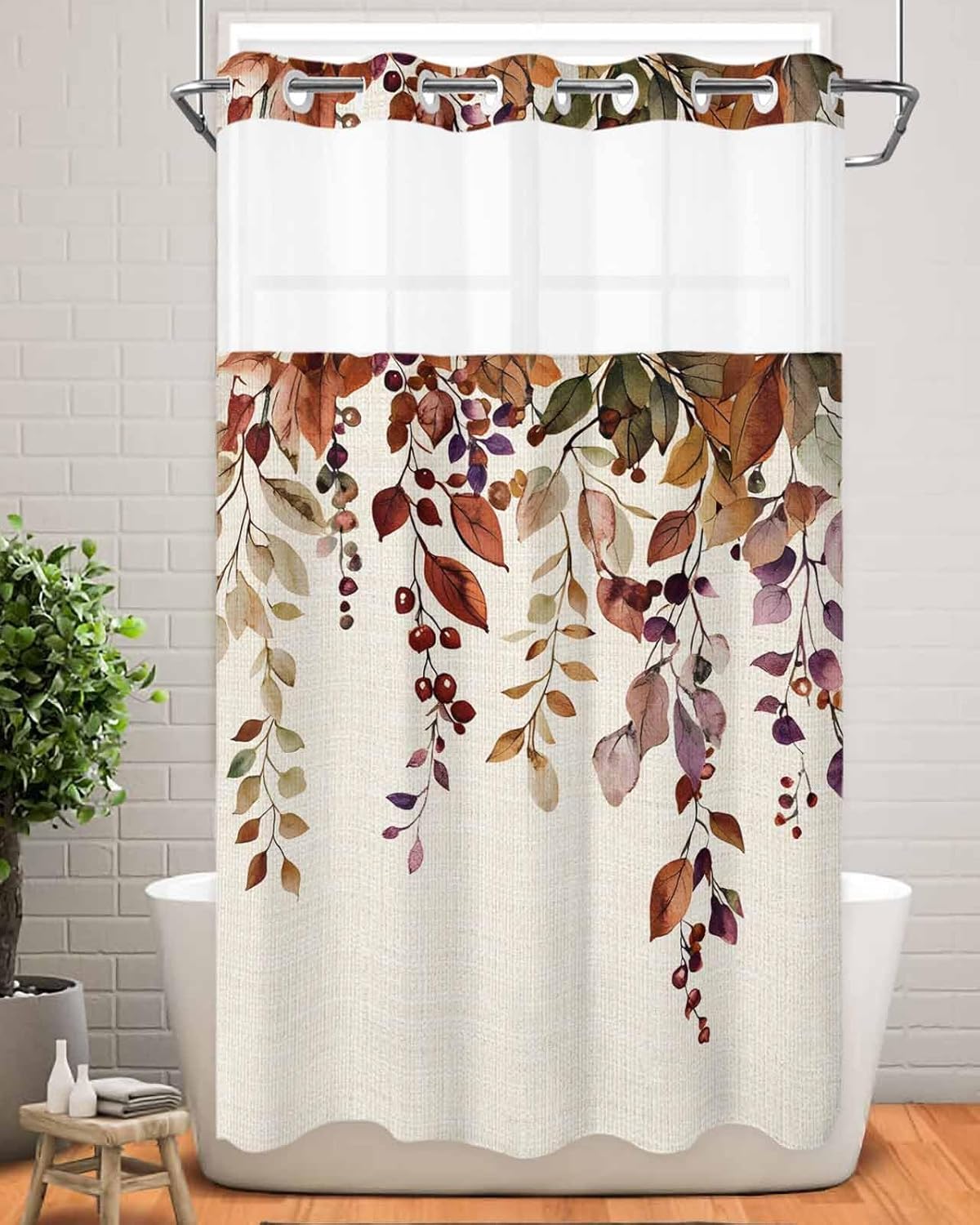 No Hook Shower Curtain with Snap in Liner, Autumn Pastoral Fall Leaves Waterproof Washable Bathroom Shower Curtains See Through Top Window, Botanical Berry Retro Linen Hotel Grade Bath Curtain