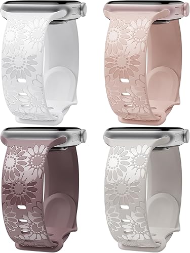 Paquete de 4 correas grabadas de girasol compatibles con Apple Watch Band de 1.575 pulgadas, 1.614 pulgadas, 1.496 pulgadas, 1.654 pulgadas, 1.732