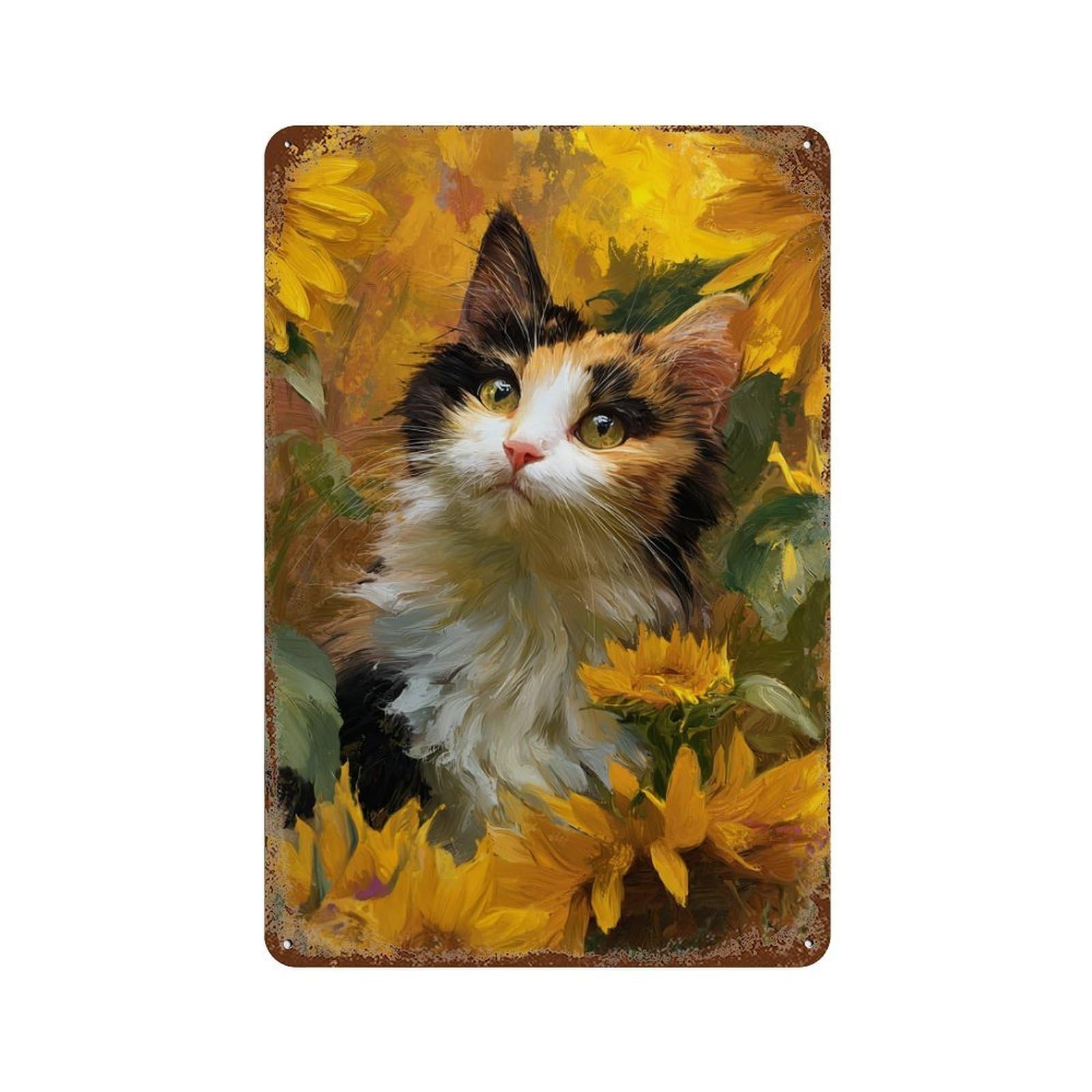 Calico Cat with Sunflowers Rusty Metal Tin Sign 11.8"x7.9", Industrial Home Decor for Garage, Pub Or Kitchen