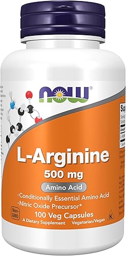 NOW Suplementos, L-Arginina 500 mg, Precursor de Óxido Nítrico*, Aminoácido, 100 Cápsulas Vegetales