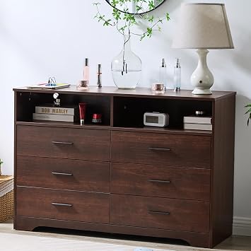 Cherry Wood Dresser for Bedroom, TV Stand with Charging Station & LED Light