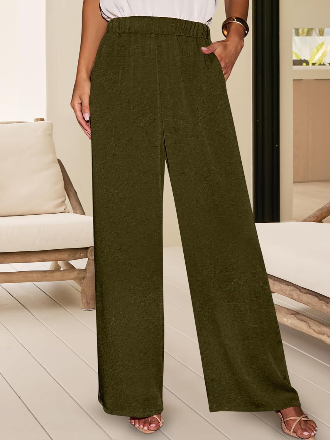 ANRABESS 2 Piece Sets for Women Lounge Outfits Summer V Neck Cap Sleeve Top Wide Leg Pants Vacation Beach Travel Set - Image 6