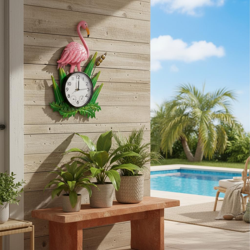 Reloj de pared silencioso con diseño de flamenco para exteriores, con termómetro y humedad, de cuarzo, impermeable, decoración para patio, jardín, sala de estar (rosa)