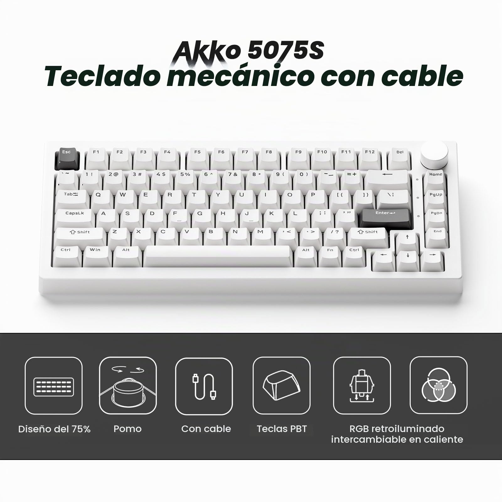 Akko 5075 V3 Teclado Mecánico 75% Gasket RGB Hot Swap | Layout QWERTY, RGB Programable, Switch Frost Pink para Montaje Custom, Oficina y Gaming (Negro sobre Blanco)