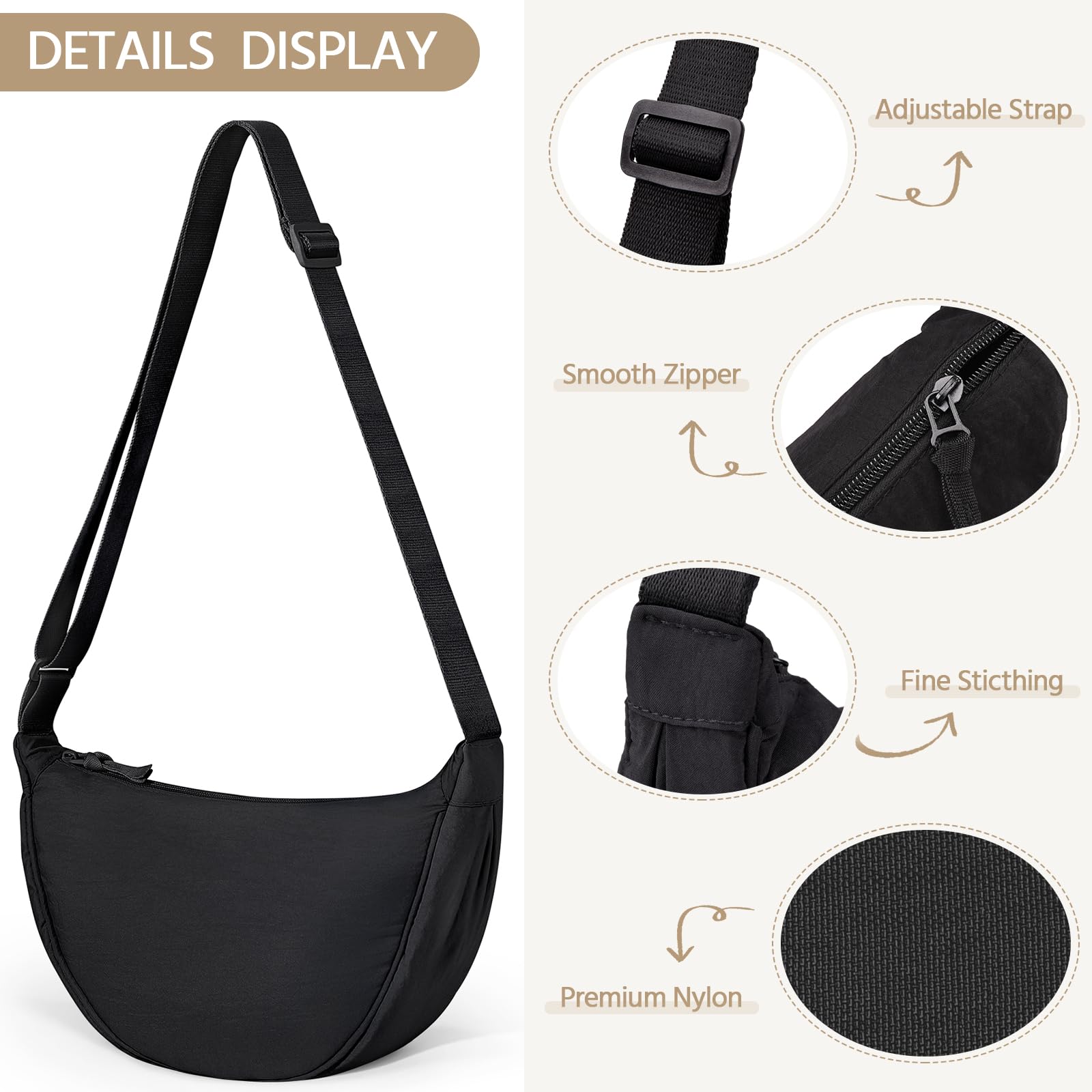 Yuson Girl Borsa a Tracolla da Donna a Mezza Luna Halfmoon Borse a Spalla con Tracolla Regolabile Tinta unita Hobo Bag in Nylon Crossbody Bag per Shopping Viaggio Festa Lavoro