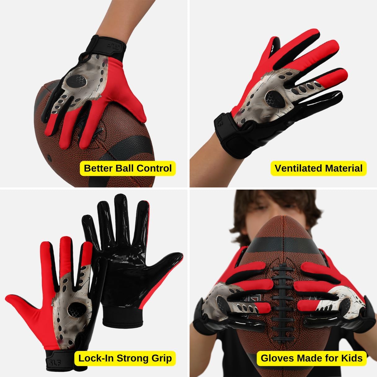 SLEEFS Youth Football Gloves for Boys & Girls - Wide Receiver Football Gloves with Sticky Grip for Catch Control - Lightweight, Breathable Fit - Durable Kids Glove, Youth Small or Large