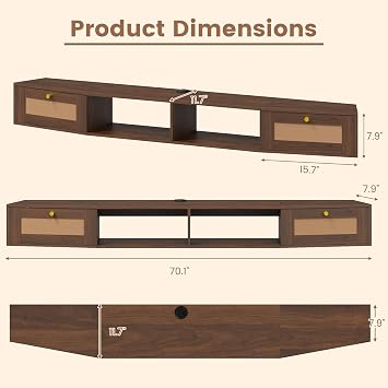 EROMMY Modern Rattan Floating TV Stand, Wall-Mounted Floating Stand for TVs up to 80 Inches with Doors, Entertainment Center for Under TV Storage, 70 inch, Caramel Oak