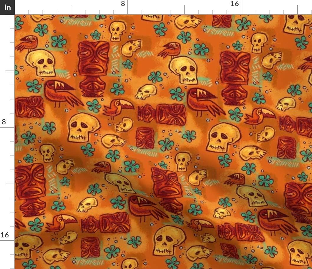 Spoonflower Fabric - Tiki Retro Hawaiian Polynesian Rust Orange Red Skull Floral Vintage Printed on Petal Signature Cotton Fabric by The Yard - Sewing Quilting Apparel Crafts Decor
