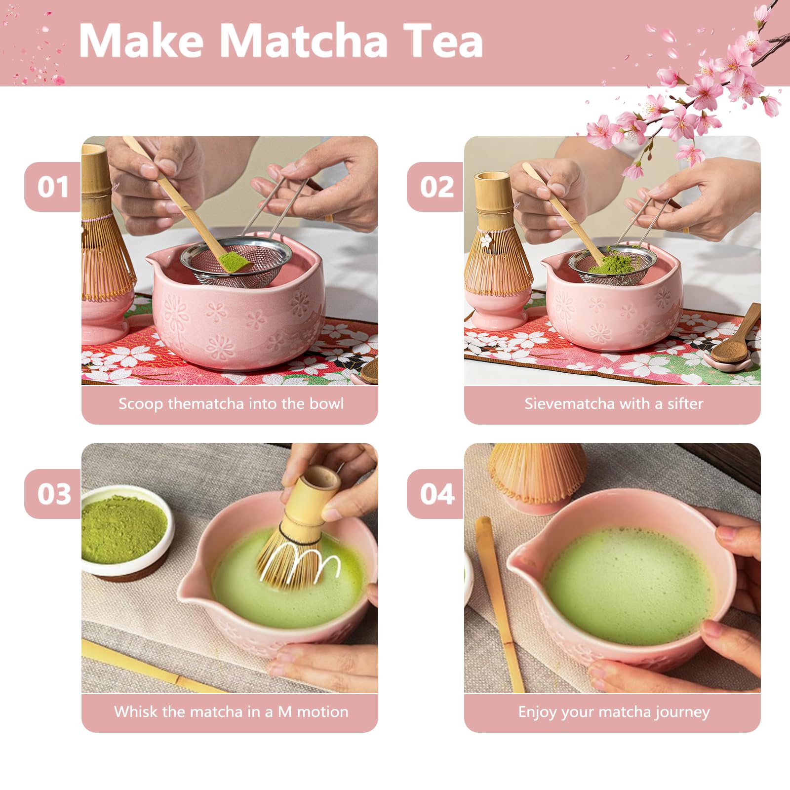 Matcha Set di 8 pezzi Macha Tea con scopa, filtro filtro, ciotola, cucchiaio, tappetino per asciugamano da tè, set regalo per la preparazione tradizionale matcha (verde) (rosa)