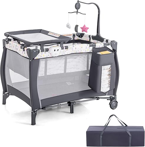 HONEY JOY Pack and Play, corralito portátil 3 en 1 con moisés, cambiador, ruedas bloqueables, caja de música, centro de guardería plegable para cuna