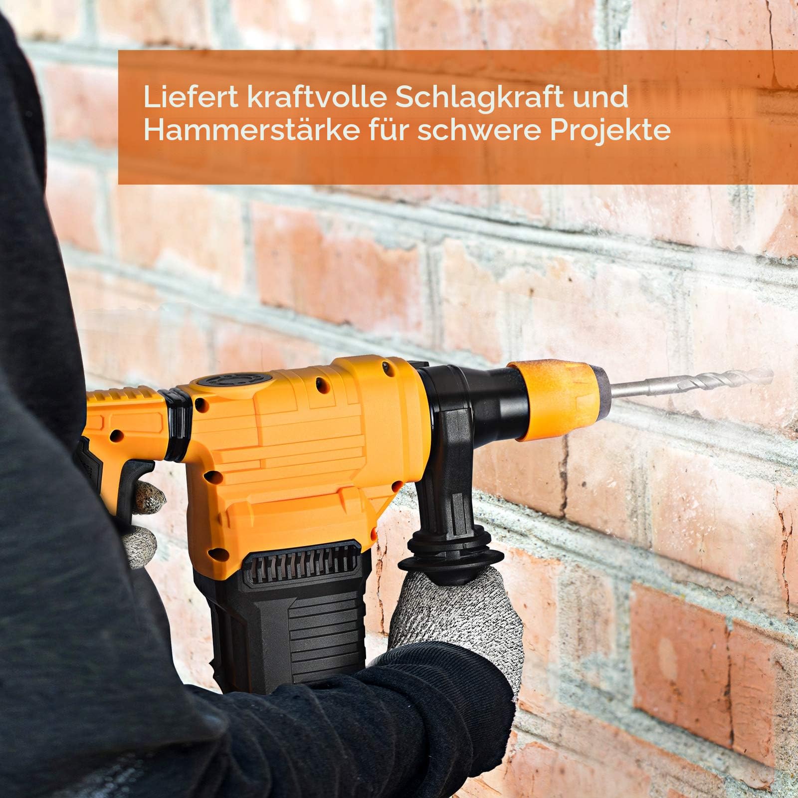 Bohrhammer 1500W Abbruchhammer mit SDS-Plus und 4 Funktionen in 1, 3900BPM und 800RPM, Anti-Vibrationen Griff und Sicherheitskupplung, Max Bohrdurchmesser: 32mm, einschließlich Fett, Meißel und Bohrer