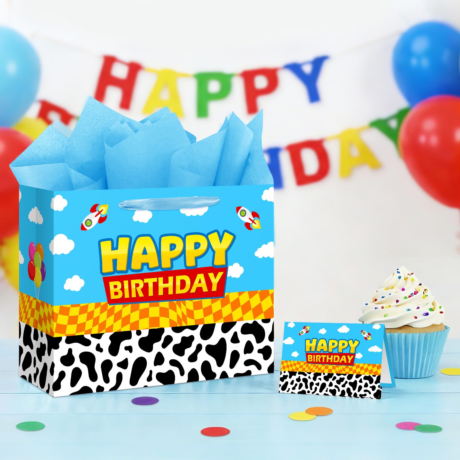 Reyoust 13" Large Toy Gift Bag with Card and Tissue Paper Toy Inspired Story Present Bag for Happy Birthday Blue Cartoon Party Decorations 1Pcs 13" L x 10.2" H x 4.9" D