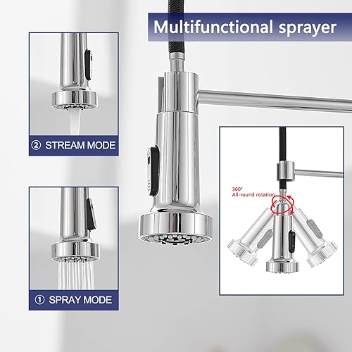 Miniatura 6 de VOTON Grifos de cocina cromados con rociador extraíble, grifo comercial de fregadero de resorte de acero inoxidable, grifo de granja de un solo