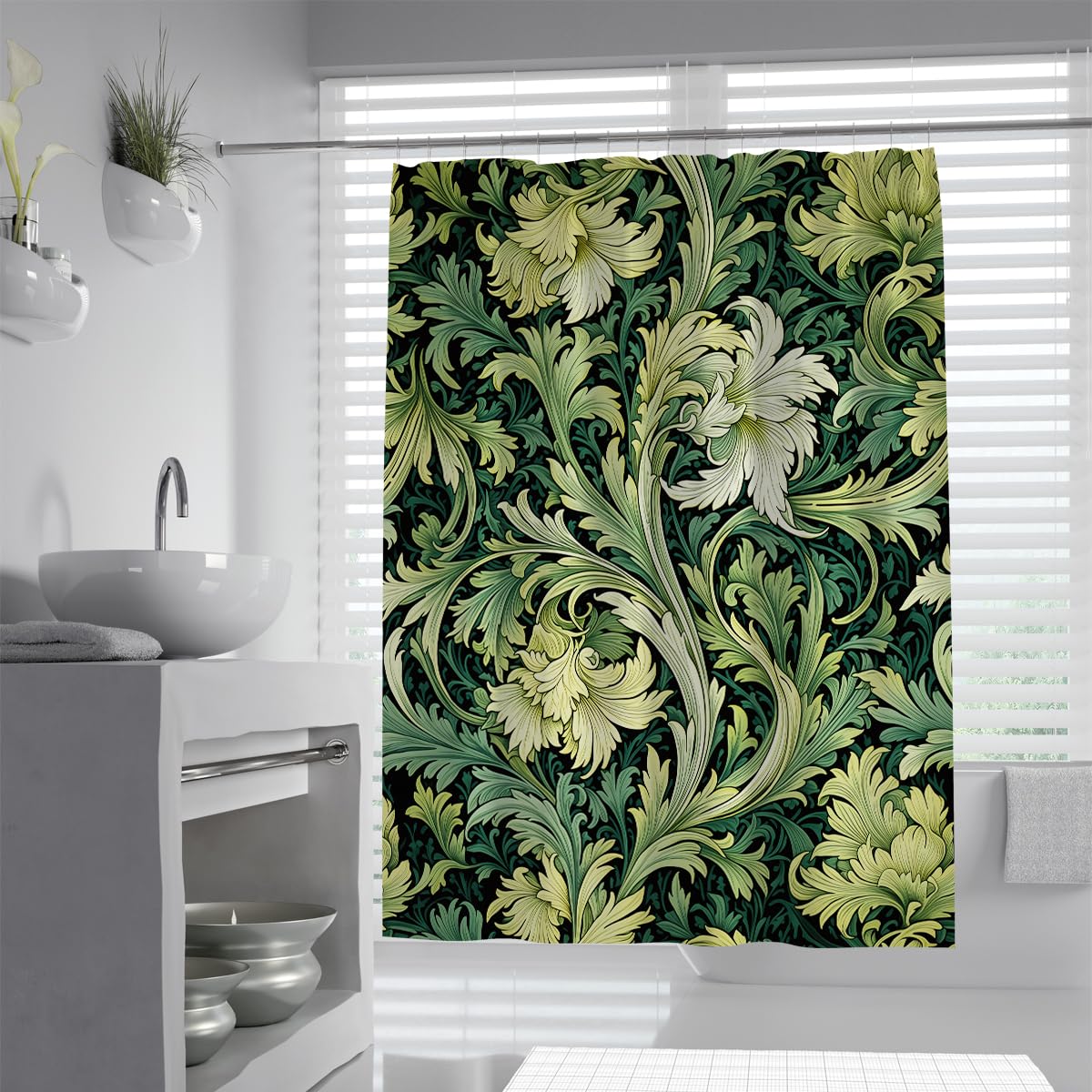 OLLIAR Home Fresh Plant Shower Curtain Liner 150x180 Acanthus Leaf Design Waterproof Shower Curtains for Modern Bathroom Decor Forest Green Bath Curtain