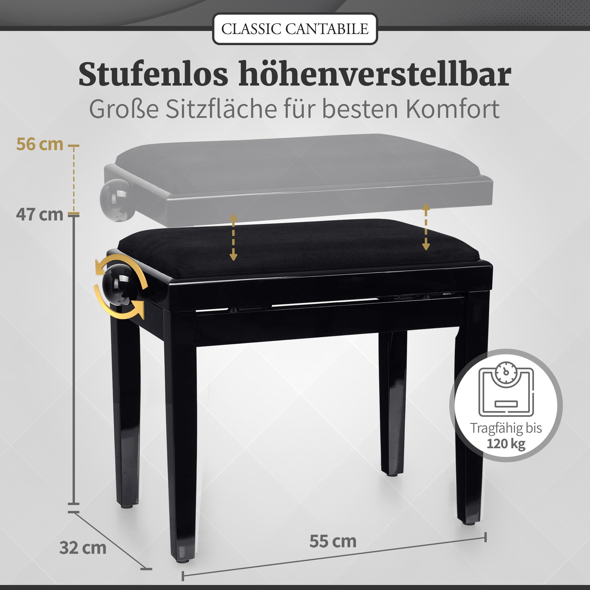 Classic Cantabile Banquette pour Piano (Noir Poli Fin)