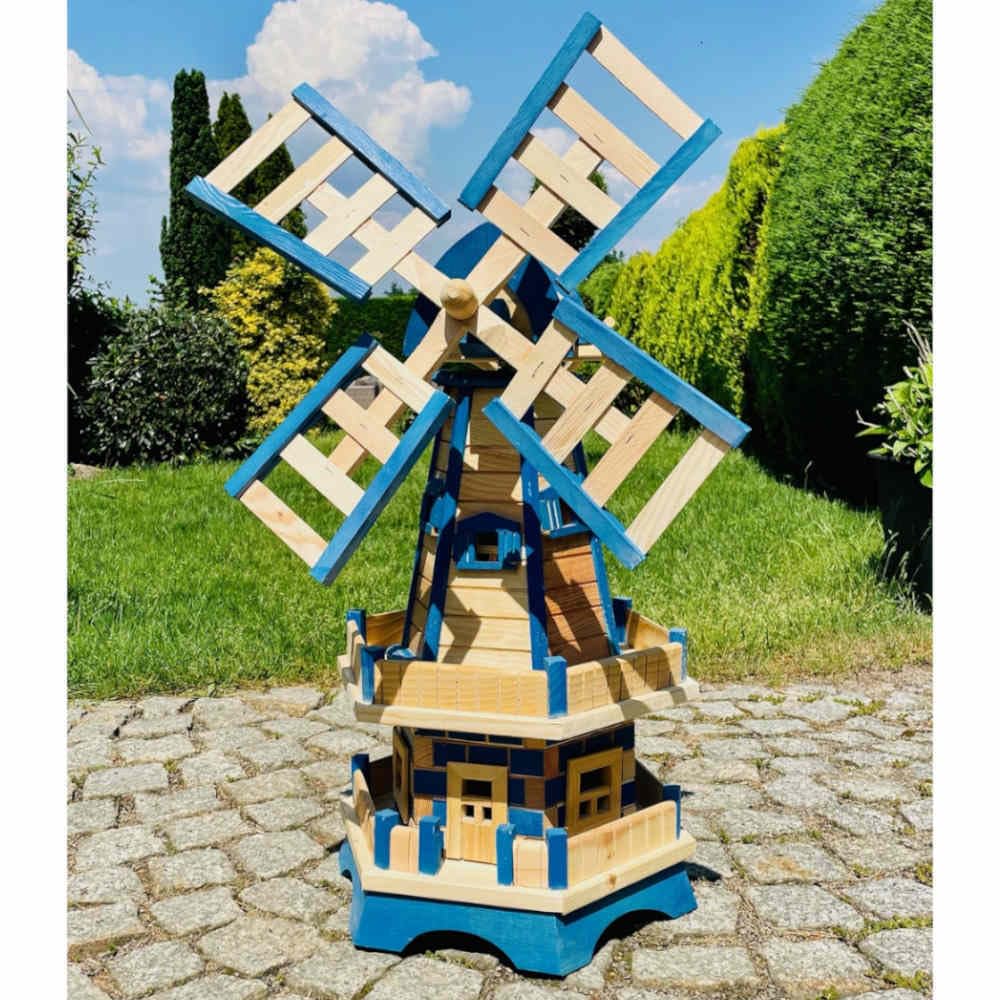 handgefertigte Sechseck Doppelstock-Garten-Windmühle aus Holz Natur/Blau Höhe 93 cm