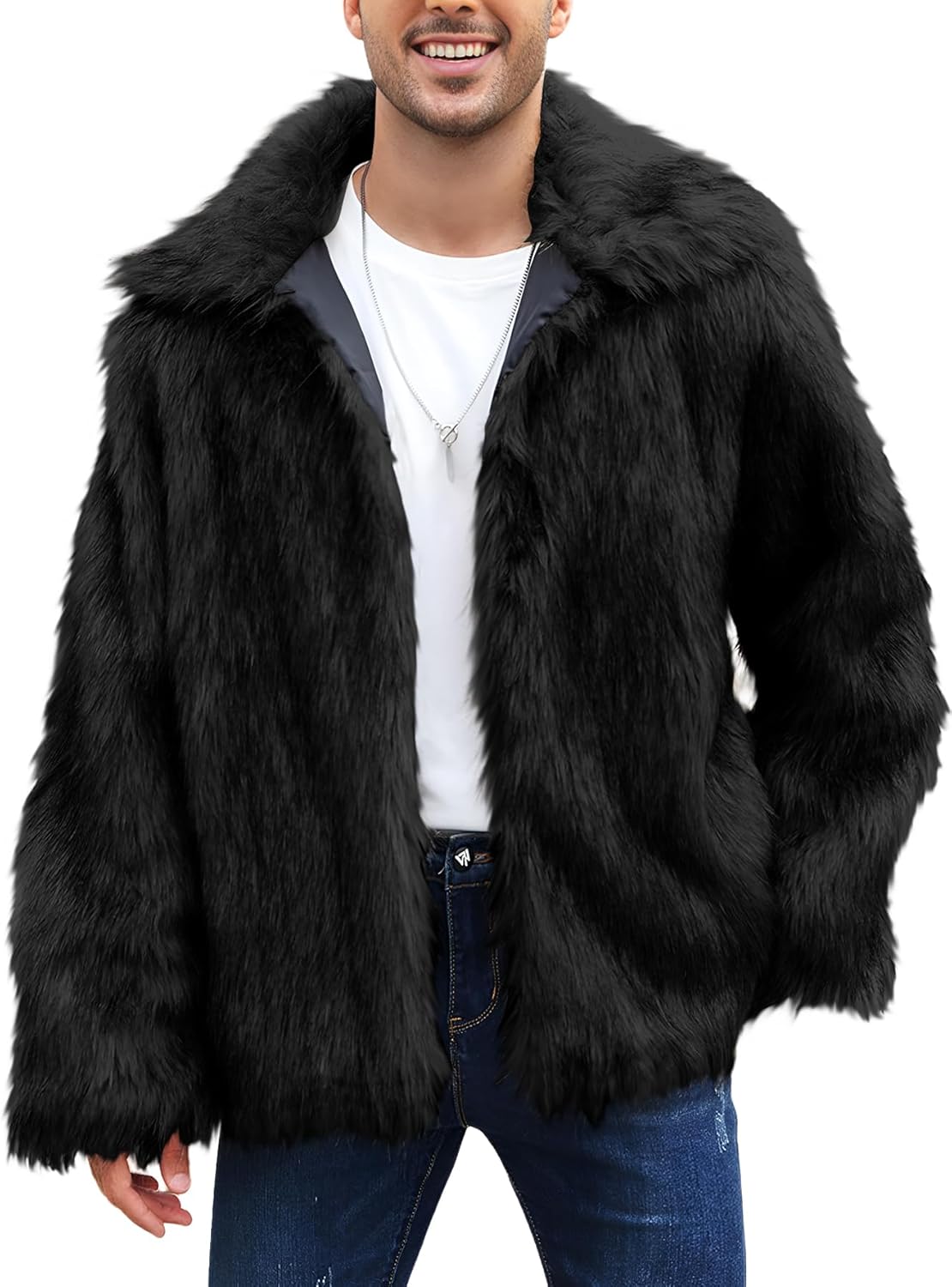 Ogfao Mens Faux Fur Jacket Luxury Fluffy Furry Coats Winter Lapel Collar Outerwear Warm Cardigans with Pockets